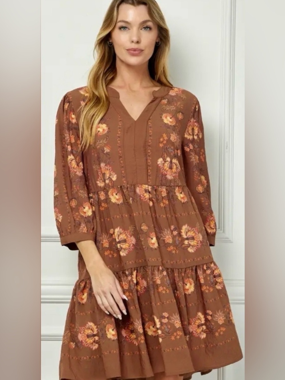Fig and Flower Rust Floral Embroidered Tiered V-Neck Dress Large